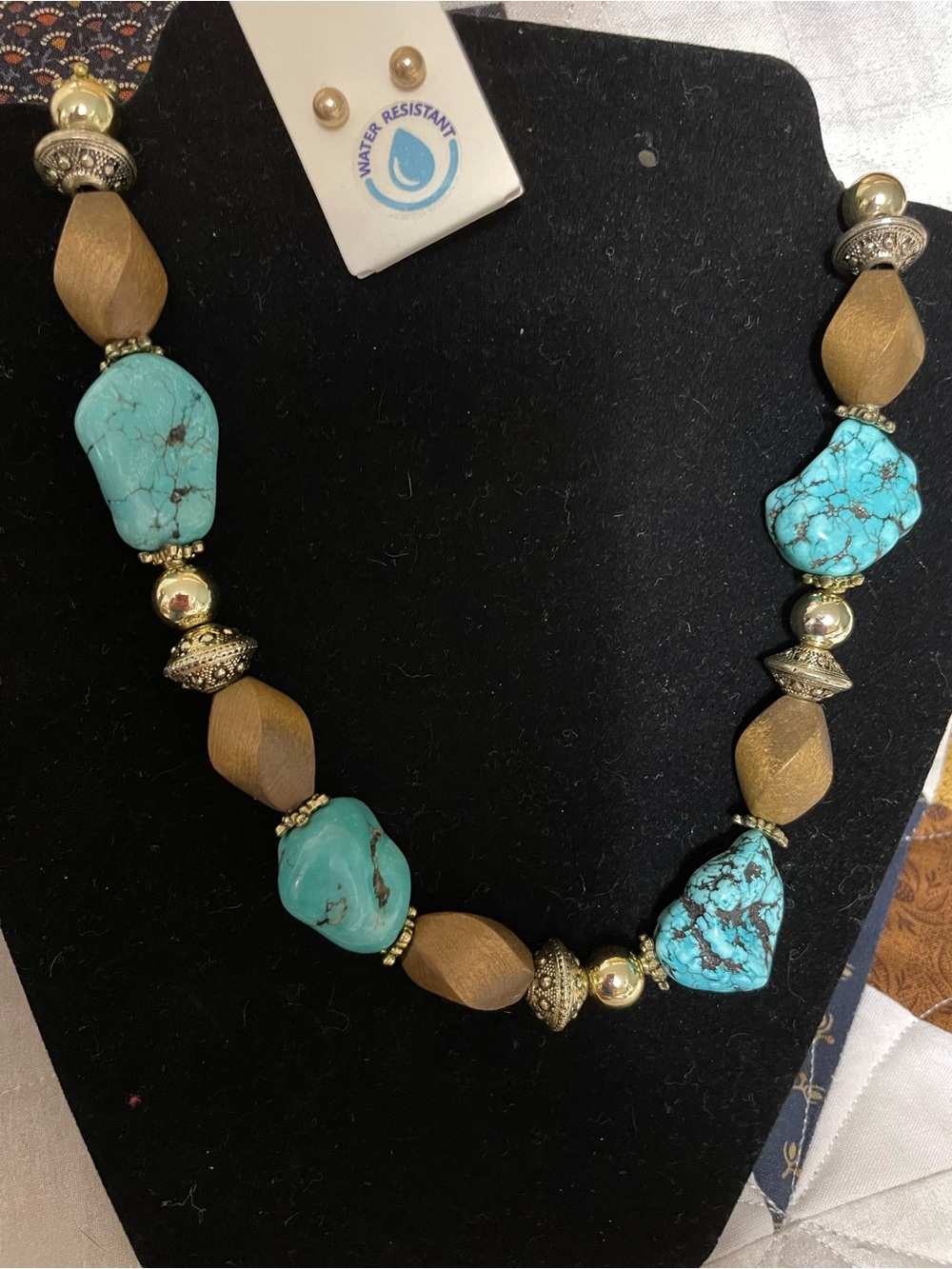 Turquoise, Wood & Gold Bead Statement Necklace w/gold post earrings